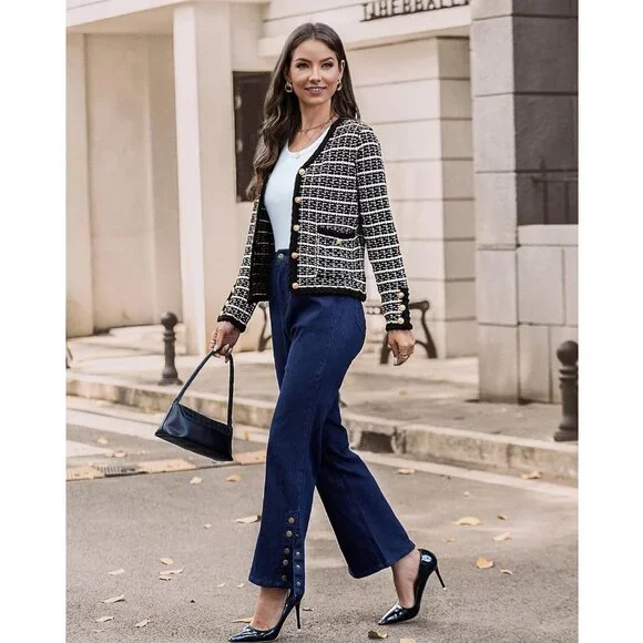 Women Cardigan Sweaters Tweed Pattern Jacket V Neck Sweater Blazer with Button